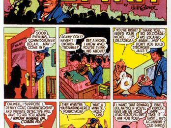 Newstrip comic with two rows of headings across the top, and two rows of three comic panels each with image and English text in bubbles, featuring man in suit speaking to another man in an office.