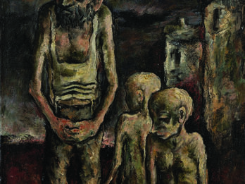 Painting of emaciated father with beard gazing to his right while his two nude and emaciated young sons stand next to him. Background is dark.