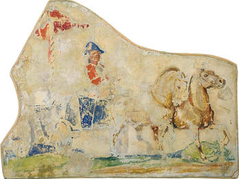 Portion of wall fresco depicting carriage, carriage driver, and two horses.