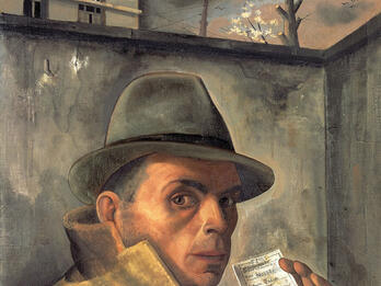 Self-Portrait with Jewish Identity Card Painting of man in a black hat looking at viewer, lifting his coat collar with his right hand to reveal a yellow Star of David badge and holding up an identity card with his left hand.