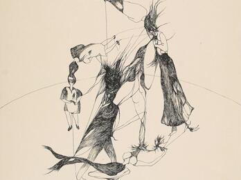 Abstract drawing of figures floating and dancing in a circular shape.