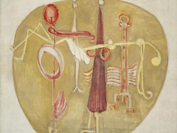 Oil and chalk on canvas depicting abstract figures.