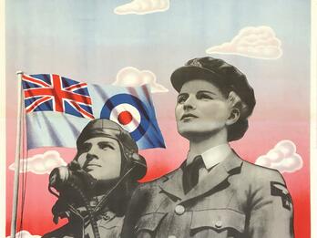 Women’s Auxiliary Air Force Recruitment Poster Poster featuring two women in uniform, one of whom is wearing a mask, in front of a flag, and Hebrew writing along the top and bottom.
