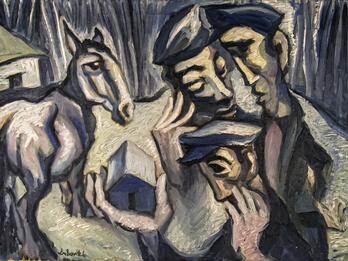 Untitled—Three Men and a Horse in the Shtetl Painting of abstract representations of three men, one of whom is holding a small house, standing in front of a horse and house.