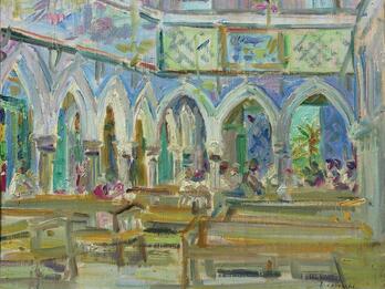 La Ghriba Djerba, Tunisia Painting depicting arches and pews inside of a synagogue.