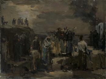 Untitled, Execution: Babi Yar series. Nizhny Tagil or Leningrad Painting depicting men and women gathered in and above ravine.