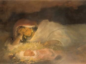 Painting of woman lying down, with her head propped up by her hand as she watches the baby lying next to her.