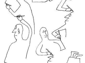 Cartoon drawing of figure with pen in hand drawing himself until there are seven copies of him attached to one another.