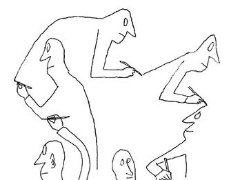 Untitled, New Yorker, February 3, 1945 Cartoon drawing of figure with pen in hand drawing himself until there are seven copies of him attached to one another.