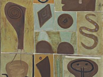 Pictographic paintings depicting geometric shapes and abstract faces in grid.