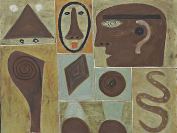 Pictographic paintings depicting geometric shapes and abstract faces in grid.