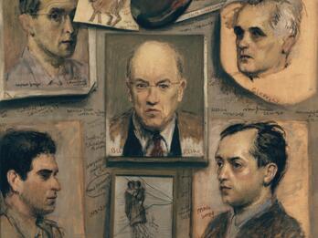 Painting of wall on which hang six portraits and handwritten text in a circle, with a small picture, a palette, and drawing of a cat at the top. 