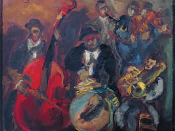 Abstract painting of musicians performing, with bearded man in hat and jacket sitting in center playing a large drum, man to the left standing in hat and jacket and playing double bass, man to the right seated and playing tuba, and other musicians in the background.
