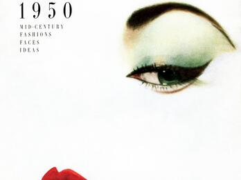 Vogue, January 1, 1950, cover Cover of magazine, with lush lips on the bottom and a prominent eye with eye shadow on the top right, and title, year, and other information in English on the top left and bottom right.