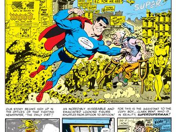 Comic book cover with the title "Superduperman" and a Superman-like figure in a cape who is attacking an elderly disabled man, surrounded by a crowd and a cityscape, with English text and three comic panels underneath, of the exterior of a skyscraper in the first panel, exterior of a window in the second panel, and interior of an office in the third panel.