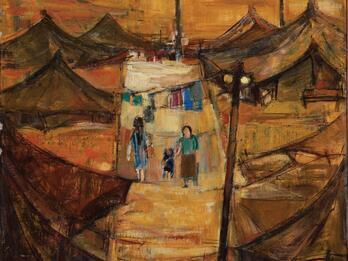 Abstract painting of camp with many tents and a luminous rectangular area in middle featuring three figures including a mother and child and a clothesline between the tents.