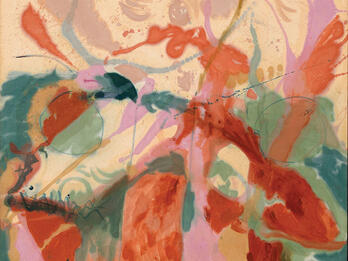 Abstract painting depicting shapes forming a flower shape.