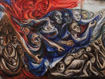 Abstract painting divided into eight sections, filled with bodies contorted, cramped together, and organically morphing into one another.