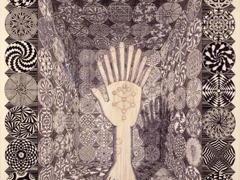 Drawing of a nine-fingered hand with a tree of ten circles on palm connected to a foot and centered in concave room covered in circular spiral motifs.