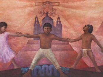 Mural featuring children holding hands, interspersed with adult figures, with modern city in background on left, ornate temples and mountains in background in center, and temples with cultic figures in background on right. 