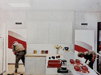 Photomontage depicting two soldiers surveying terrain outside the back of a modern kitchen, with cookware and mugs set out on the countertop and several stools along counter.