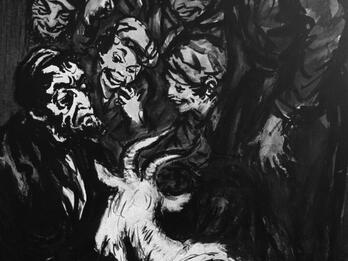 Drawing of people gathered around goat.