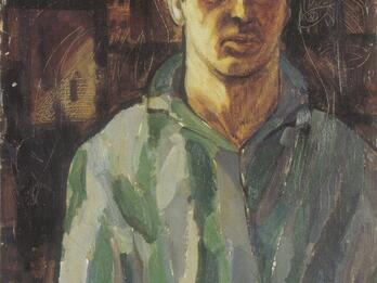 The Artist behind Bars (Self-Portrait) Portrait painting of a man standing in front of bars.