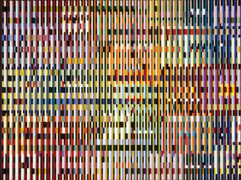 Double Metamorphosis III (Counterpoint and Sequence) Three-dimensional abstract artwork, with patchy, multicolored narrow grids.