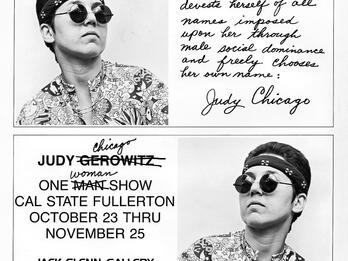 Exhibition Announcement, Jack Glenn Gallery, Artforum, October 1970 Poster featuring two profile photographs of a person in a headband, sunglasses, and patterned shirt with English text next to each photo.