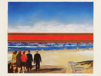 Painting depicting three women and two men walking toward the ocean, away from the viewer, into bright horizon.