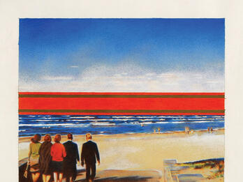 Painting depicting three women and two men walking toward the ocean, away from the viewer, into bright horizon.