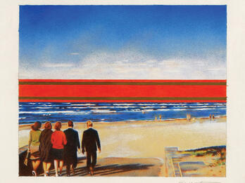 Painting depicting three women and two men walking toward the ocean, away from the viewer, into bright horizon.