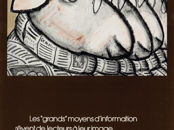 Sheep Readers, Le Nouvel Observateur, cover Cover featuring sheep with glasses wearing newsprint sweaters and text in French below.