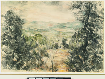 Charcoal, crayon, and pencil drawing of landscape filled with trees on other side of the foreground and hills in background.