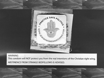 Plastic-wrapped square in center with image of evil eye on ḥamsa and a rectangular text box explaining that condom will not protect against Christian right wing, surrounded by border of identical square frames with a pillow inside each. 