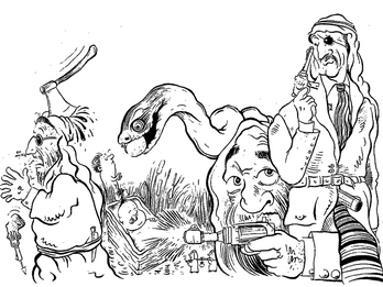 Drawing of two figures holding guns, next to a snake, a baby in a crib, and a man with an axe in his head. 