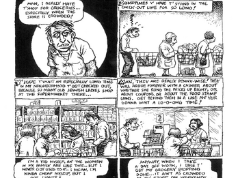 Comic book page split into six panels featuring a man facing the viewer in several panels and the rest with him in line at the supermarket, and English text describing waiting behind Jewish ladies at the supermarket. 