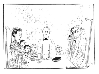 Drawing of several people seated around a table, with the figure on the right in a bushy moustache and a grumpy expression. 