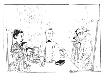 Sigmund Freud Drawing of several people seated around a table, with the figure on the right in a bushy moustache and a grumpy expression.