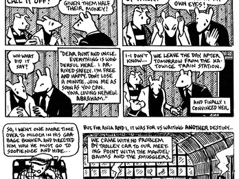 Comic book page split into 8 sections depicting mice in clothes talking, and mice in suits in a train station with text bubbles about a letter from a nephew. 