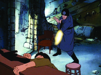 Drawing of man wearing hat with swatsika shooting a gun at a figure who is mostly obscured behind a wall, with crashed plane and ruins in background. 