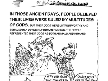 The Story of the Jews: A 4,000-Year Adventure English text about Jewish history and pagan gods interspersed with images of a crowd of people on the horizon, someone chiseling an animal-head sculpture, and silhouetted figures talking.