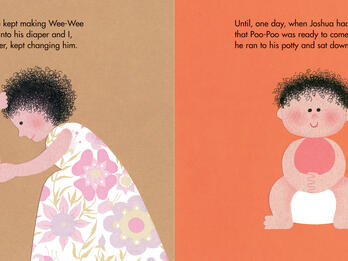 Once upon a Potty—Boy Open page spread with left hand page illustration of woman changing child's diaper with English text above about the mother changing her son's diaper, and right hand page illustration with child sitting on toilet and English text above about child running to sit on his potty.