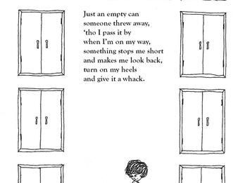 It’s Me Drawing of child and can on the ground surrounded by border of many double doors, and English text in center.