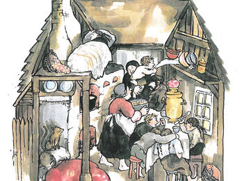 Painting of interior of wooden house filled with people, objects, and animals.