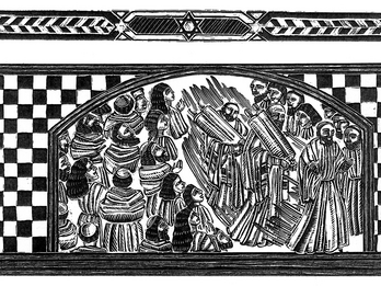 Drawing of crowd of people, with two figures holding Torah scrolls in the center, all surrounded by a checkered border. 