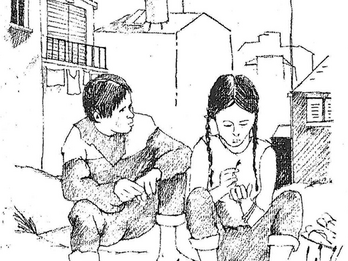 Drawing of two young people sitting with their feet in a body of water, with city street in background. 