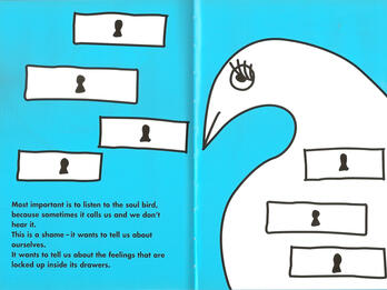 Image of bird surrounded by rectangular boxes and English text on bottom left of page describing the soul bird. 