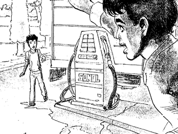 Drawing of one boy waving to another who is rounding the corner toward him. 
