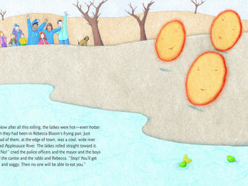 Drawing of people on a hill waving their arms as two round objects roll away smiling and English text along the bottom about latkes rolling toward the river.